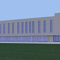 Modern Industrial Factory Building Exterior With Large Glass Windows And Front Grass Lawn