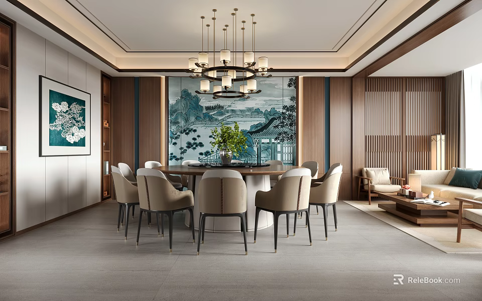 Elegant Private Dining Room With Round Table Beige Chairs Chandelier And Landscape Painting 3d model 