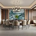 Elegant Private Dining Room With Round Table Beige Chairs Chandelier And Landscape Painting
