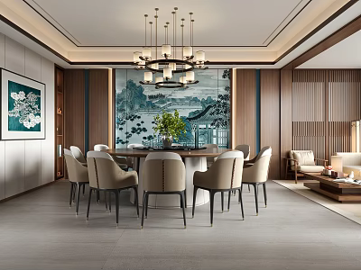 Elegant Private Dining Room With Round Table Beige Chairs Chandelier And Landscape Painting 3d model