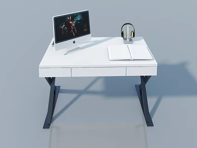 Modern White Work Desk with Flat Panel Drawer Doors and Computer Headphones 3d model