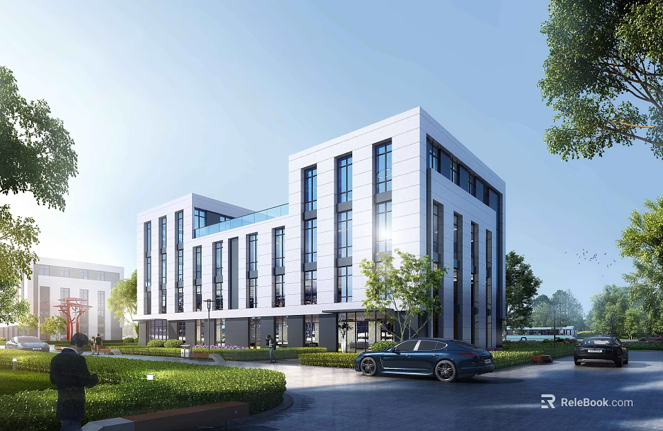 Modern Commercial Office Building With Glass Curtain Walls Trees Lawns And Parking 3d model 