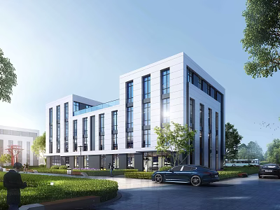 Modern Commercial Office Building With Glass Curtain Walls Trees Lawns And Parking 3d model
