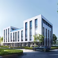 Modern Commercial Office Building With Glass Curtain Walls Trees Lawns And Parking