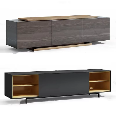 Modern TV Stand With Dark Gray Wooden Panels Open Shelves And Black Legs 3d model