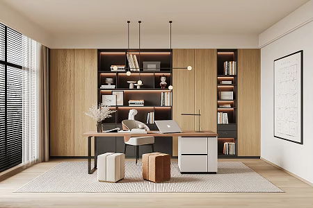 Study Desk and Chair Chandelier Venetian Blinds Decorative Painting Table Lamp Book Accessories Ornaments Low Stool 3d model