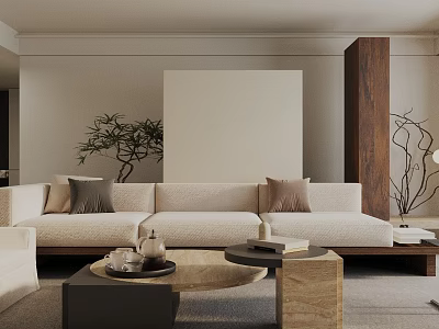 Minimalist Living Room Interior Design With Beige Sofa Throw Pillows And Wooden Decorative Column 3d model