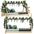 Kids Bed With Wooden Frame Green Vines Decor Adventure Theme Dinosaur Pillow Green Gray Bedding