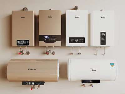 Haier And Midea Water Heaters In Gold And White Wall Mounted And Storage Types 3d model