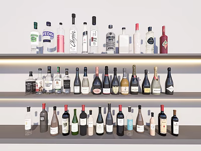 Different Types of Wine Bottles and Glasses with Various Labels on Shelves 3d model