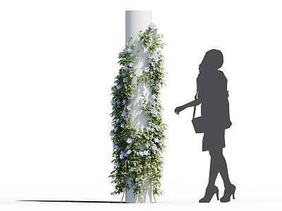 Decorative Green Vines with Purple Flowers Climbing White Pillar Near Female Silhouette in High Heels 3d model