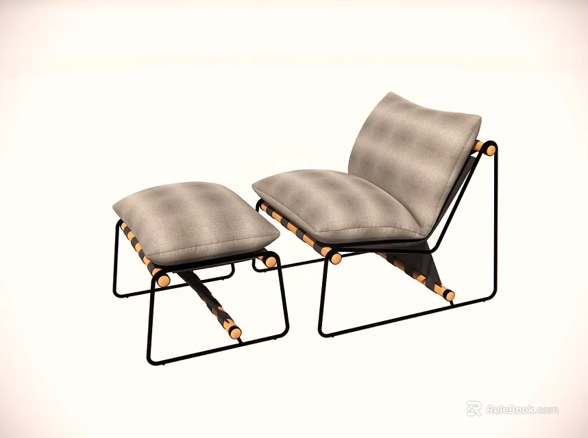 Comfortable Lazy Sofa With Ottoman Black Metal Frame And Gray Cushion 3d model 
