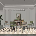 Dining Room Featuring Green Walls White Pendant Lights Wooden Table and Black White Geometric Rug
