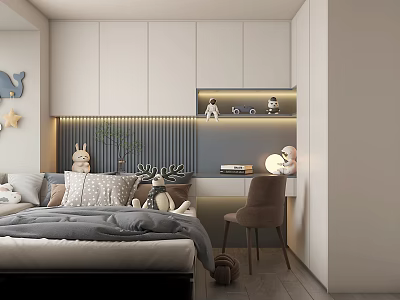 Modern Tatami Bedroom With White Cabinets Bedhead Decor Desk Accent Chair Stuffed Toys Green Plants 3d model