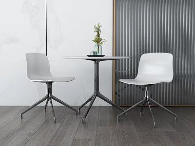 Modern Round Table And White Chair Set With Vase Plants Grey Striped Wall Wooden Floor 3d model