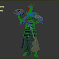 Traditional Attire Character With Red Headdress Holding Fan And Green Black Outfit