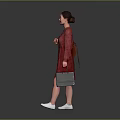 Woman In Red Dress Carrying Bag Walking On Gray Background With White Shoes
