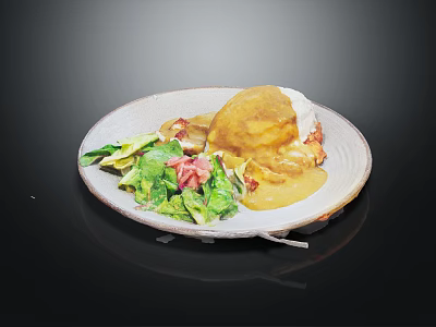 Tasty yellow curry rice served with fresh green lettuce and crispy bacon on white plate 3d model