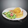 Tasty yellow curry rice served with fresh green lettuce and crispy bacon on white plate