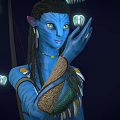 Blue Skinned Long Eared Humanoid With Braided Hair Interacting With Bioluminescent Sprite Like Creatures