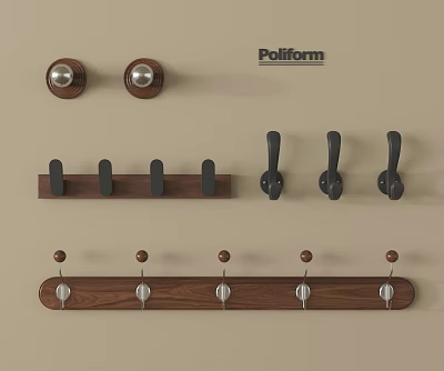 Various Wooden Wall Hooks Featuring Multiple Metal Hooks And Strips 3d model