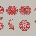 Traditional Chinese Paper Cut Art with Red Fu Character Fish Design and Circular Patterns