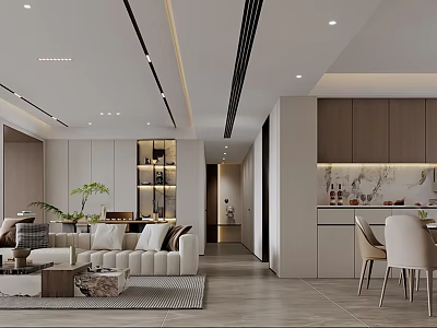 Modern Living And Dining Room Interior With Sofa Coffee Table Dining Chairs And Cabinets 3d model