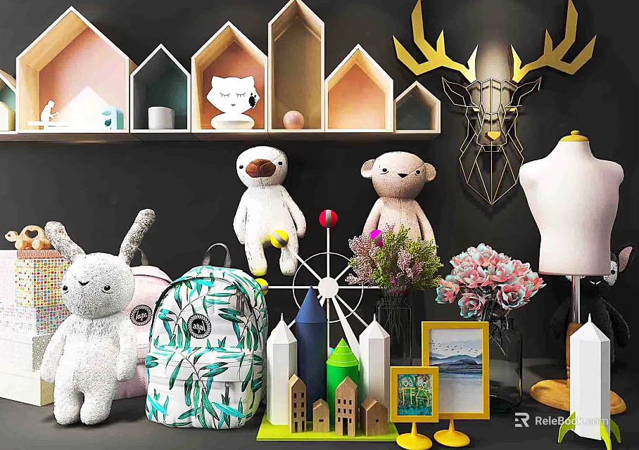 Electric Children's Toys with Plush Sloth Bear Rabbit and Mini House Ferris Wheel Models 3d model 