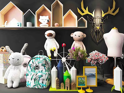 Electric Children's Toys with Plush Sloth Bear Rabbit and Mini House Ferris Wheel Models 3d model