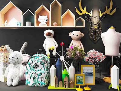 Electric Children's Toys with Plush Sloth Bear Rabbit and Mini House Ferris Wheel Models 3d model