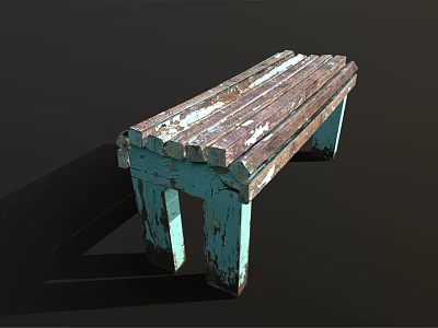 Public Wooden Bench With Weathered Peeling Paint And Blue Green Legs 3d model