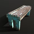 Public Wooden Bench With Weathered Peeling Paint And Blue Green Legs