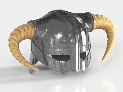 Viking Style Metallic Helmet With Shiny Surface And Curved Bone Colored Horns 3d model