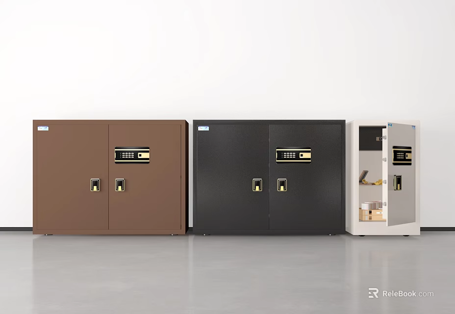 Three Different Color Safes With Double Doors And Combination Locks In White Room 3d model 