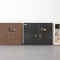 Three Different Color Safes With Double Doors And Combination Locks In White Room