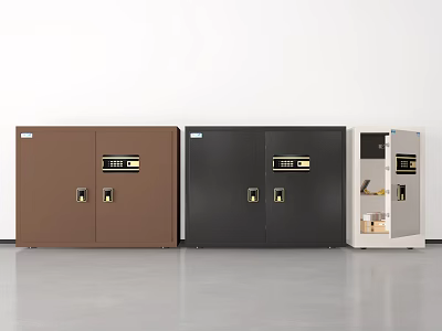 Three Different Color Safes With Double Doors And Combination Locks In White Room 3d model
