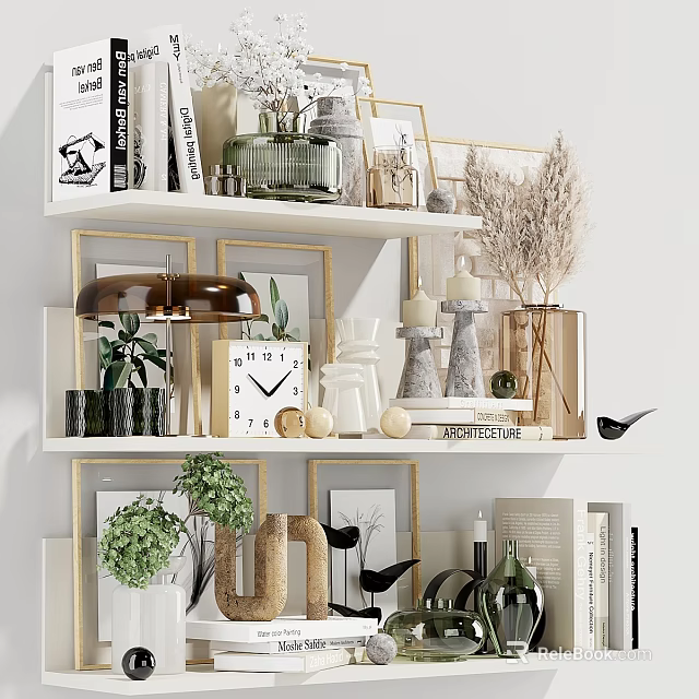 Elegant Decorative Accessories Set on White Shelves with Plants Frames Vases Candles Clock and Books 3d model 