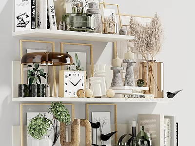 Elegant Decorative Accessories Set on White Shelves with Plants Frames Vases Candles Clock and Books 3d model