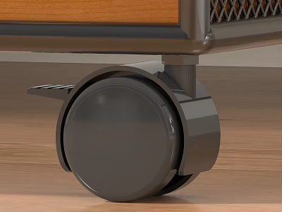 Black Furniture Wheel With Brake On Wooden Floor Surface 3d model
