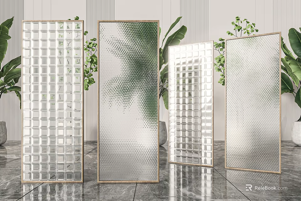 Modern Glass Room Dividers With Textured Panels Geometric Patterns And Metal Frames 3d model 