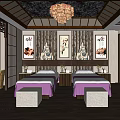 Luxurious SPA Sauna Room with Massage Beds Purple Sheets Chandelier And Decorative Paintings