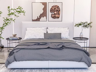 Modern background double bed double bedclothes hanging picture bedside table 3d model