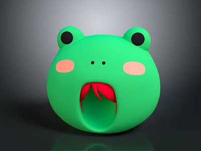 Cute Green Frog Character Featuring Big Black Eyes Pink Cheeks Open Mouth And Red Tongue 3d model