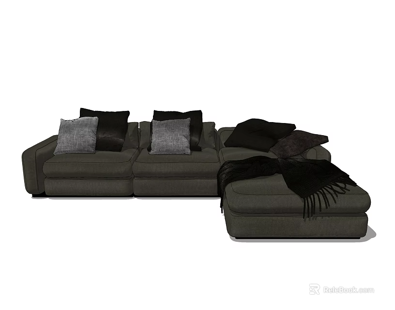 Gray Sectional Sofa With Multiple Black And Gray Cushions And Black Throw Blanket 3d model