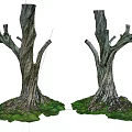 Two Leafless Arbor Trunks With Textured Bark And Green Grass Base Decorative Model