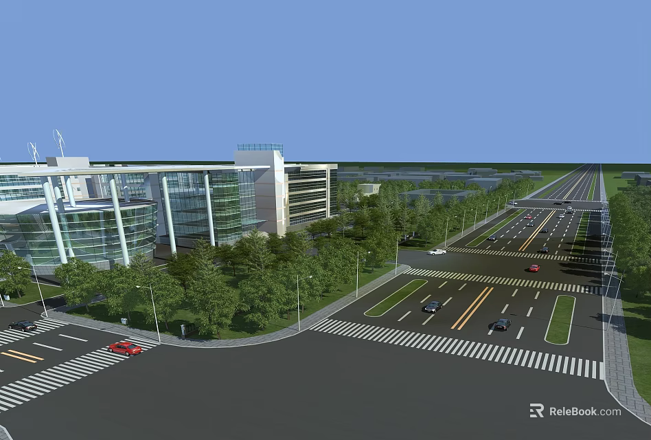 Urban Road Infrastructure With Multiple Lanes Pedestrian Crossings Street Lights And Green Belts 3d model 