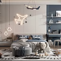 Kids Room Interior Design With Airplane Neon Light Blue White Decor Bookshelves And Toys