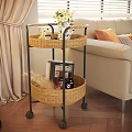 Modern Two Tier Rattan Side Table With Metal Frame And Wheels For Living Room