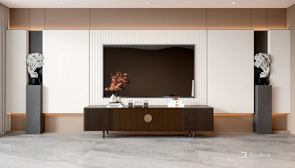 Modern TV Wall Interior Design With Wooden Stand And Decorative Flowers 3d model 