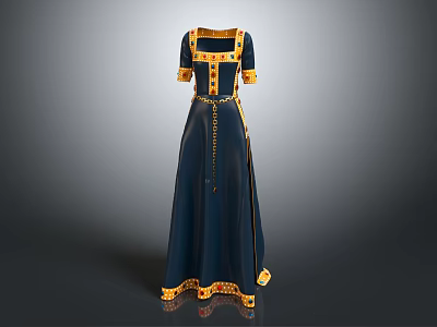Navy Blue Long Dress With Gold Decorative Trim And Button Details 3d model